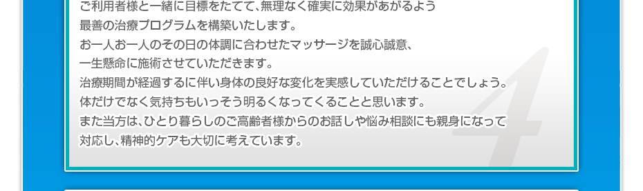 ケアマネさんと相談・摺り合わせの上、短期・中期・長期の目標を定めて、ご利用者さまにピッタリのペースを考え、 マッサージやリハビリを行っていきます。無理なく確実に効果が上がるような施術を心がけています。